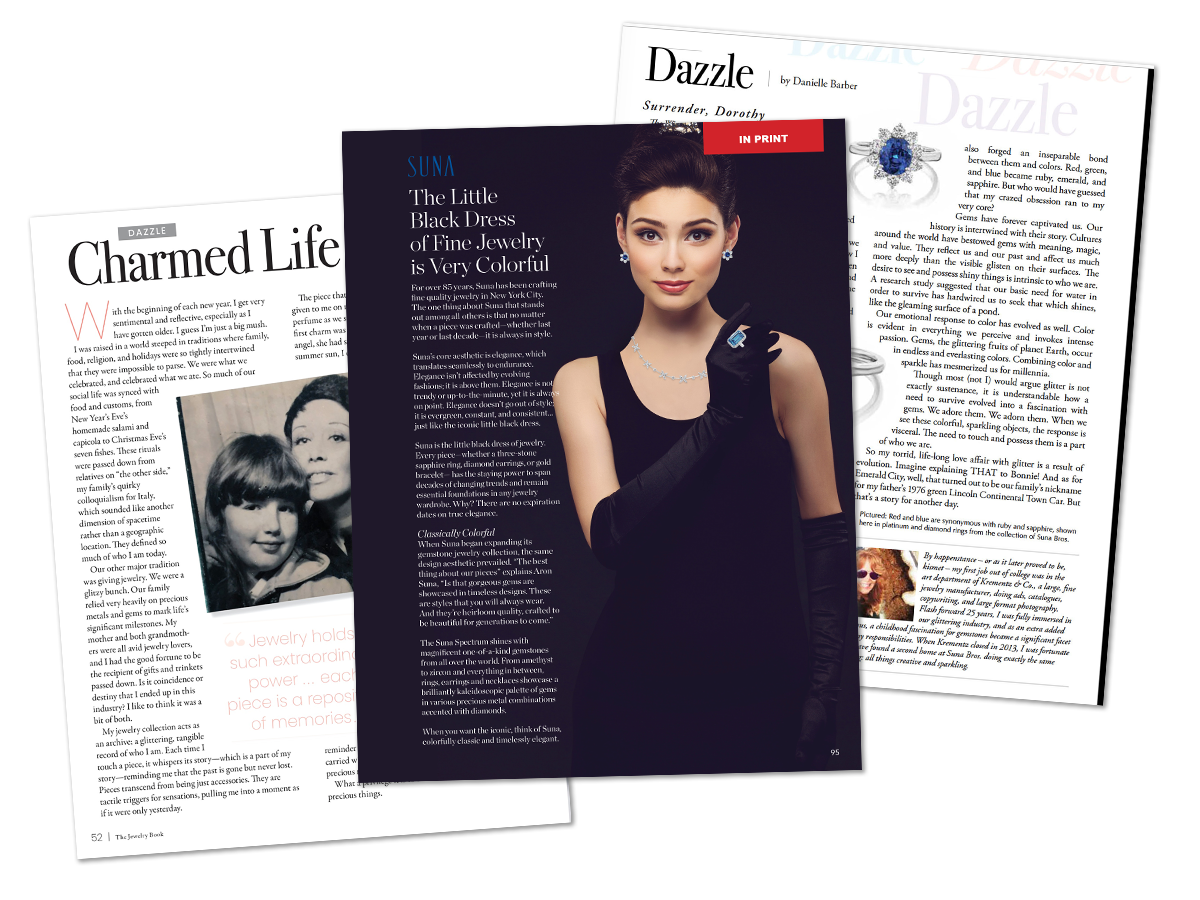 Magazine pages with a woman in a black dress and jewelry, featuring articles on 'Charmed Life' and 'Dazzle'.