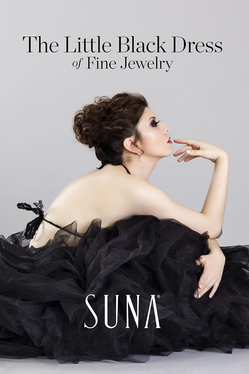 Text reading The Little Black Dress of Fine Jewelry and SUNA and a woman in elegant black dress