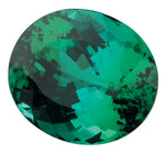 Oval green gemstone on a white background