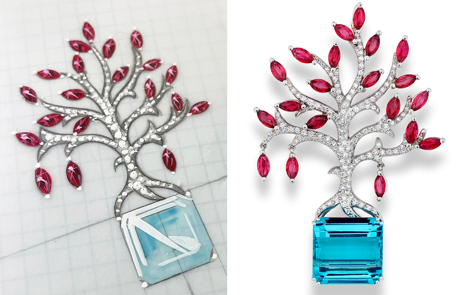 Sketch of tree-like brooch with red stones and large blue stone; and photo of the same finished piece.