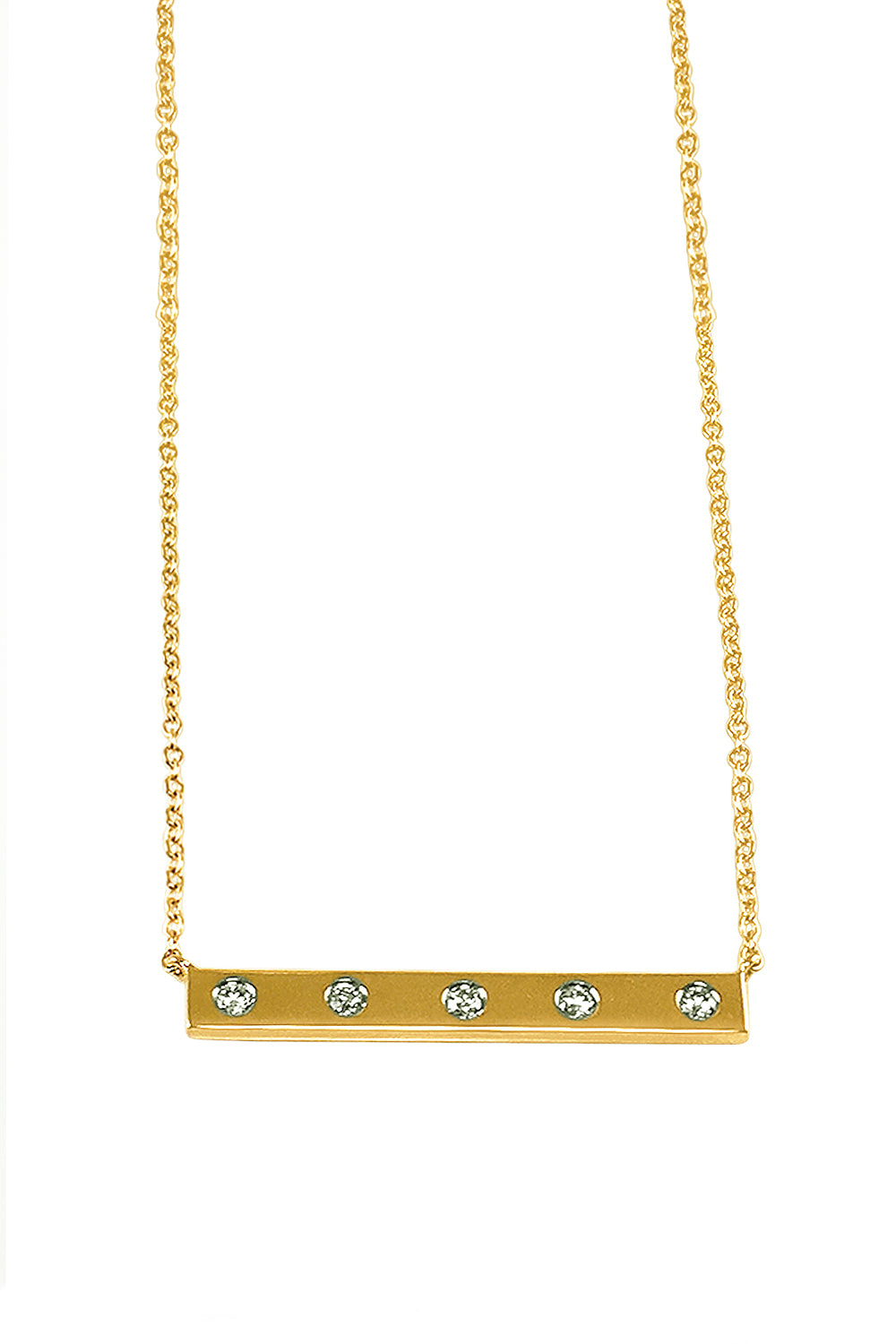 An 18K yellow gold bar necklace with diamonds on a white background.