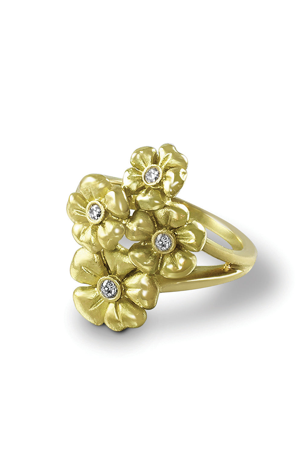 An 18KT gold ring with a flower design diamonds on white background