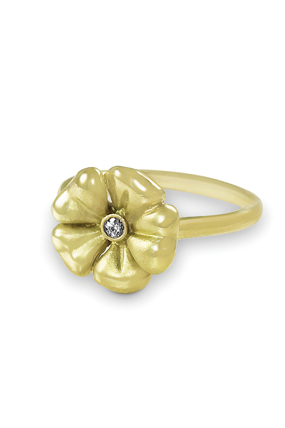 An 18KT yellow gold ring with a floral design featuring a central diamond on a white background