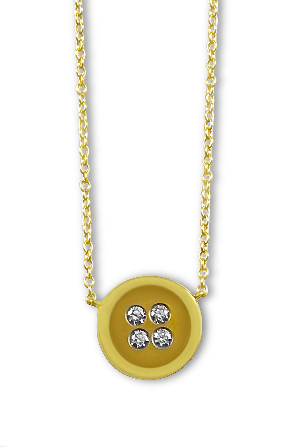18K yellow gold button necklace with diamonds on a white background.