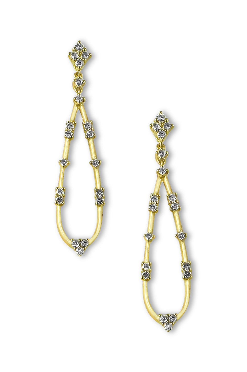 18K yellow gold earrings in a teardrop design with diamonds on a white background