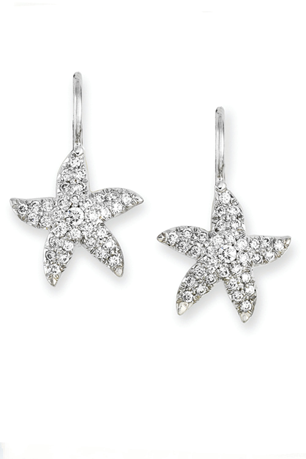 18K white gold and diamond earrings featuring a starfish motif on a white background