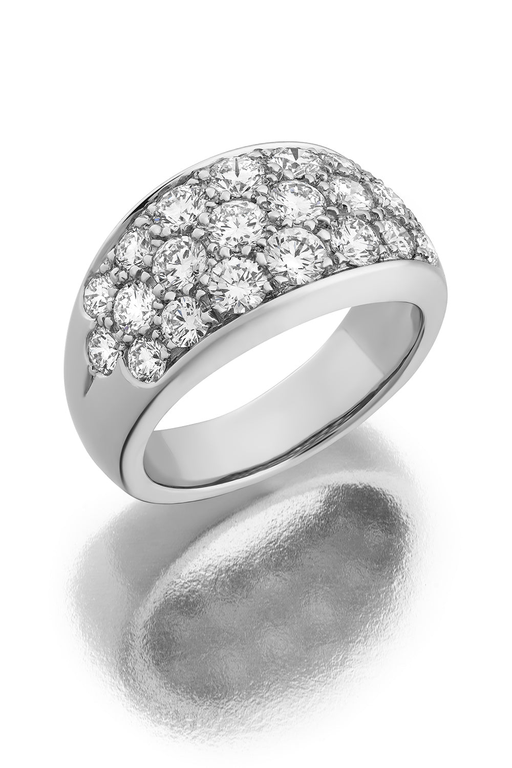 Platinum diamond ring with pave diamonds on a white background