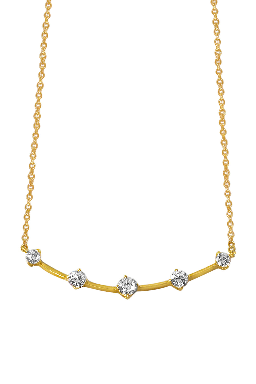 18K yellow gold necklace featuring five diamonds arranged in a line on a white background.