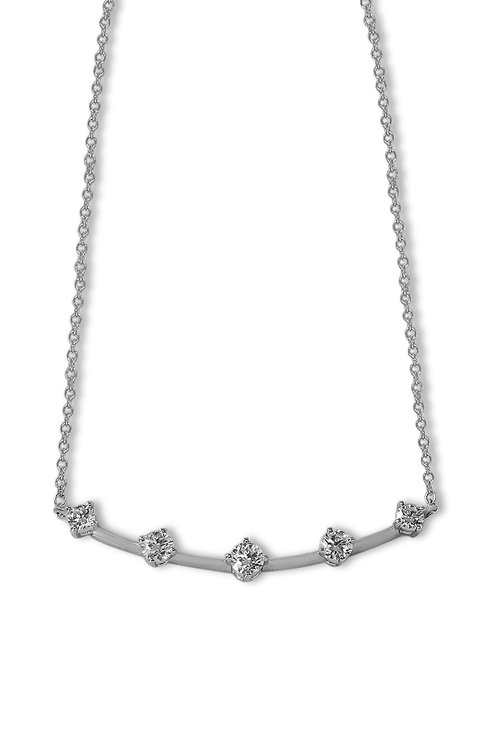 An 18K white gold necklace with diamonds  set on an arc on a white background.