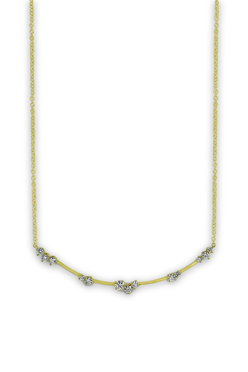 An 18K yellow gold necklace featuring a cluster of diamonds set along an arc on a white background.