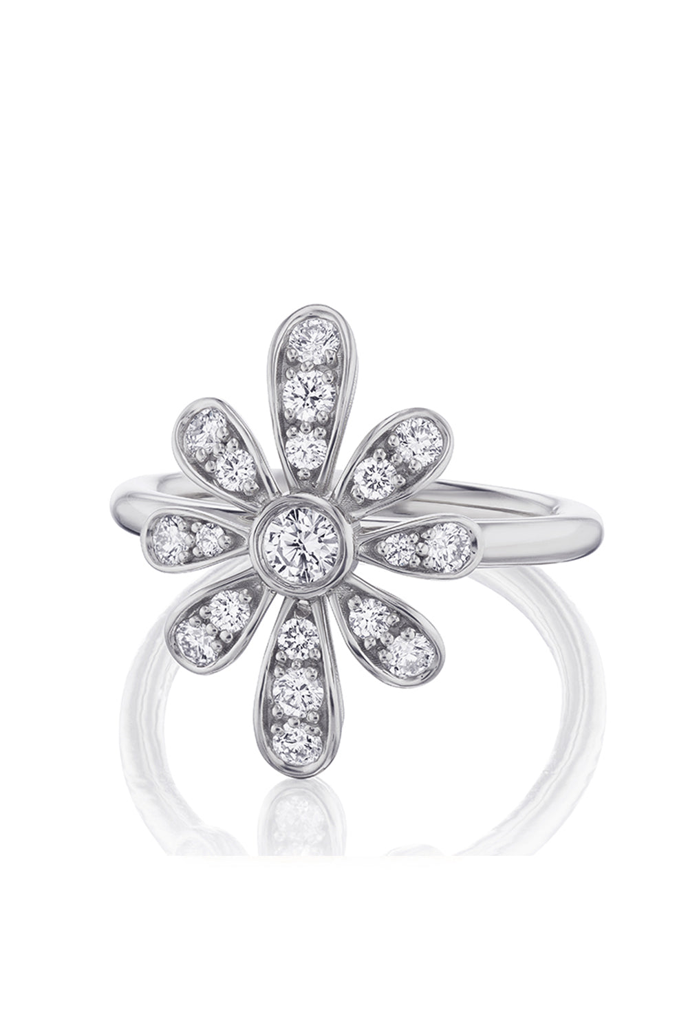 18K white gold and diamond ring with a flower design on a white background