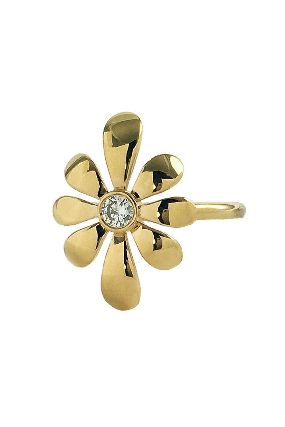 18K yellow gold ring with a flower design featuring a central diamond on a white background