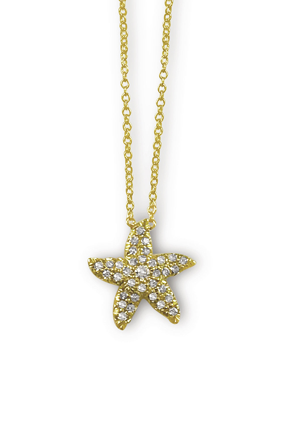 18K yellow gold starfish pendant with pave diamonds on a white background.