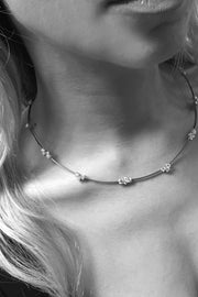 Closeup of woman's neck wearing diamond necklace