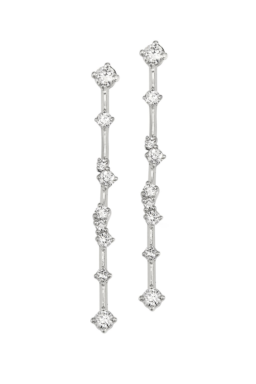 18K white gold earrings with a drop design featuring multiple diamonds on a white background