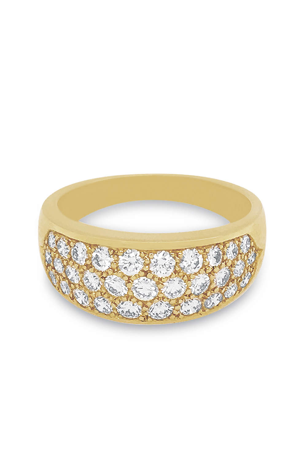 18K yellow gold ring with diamond pave on a white background.