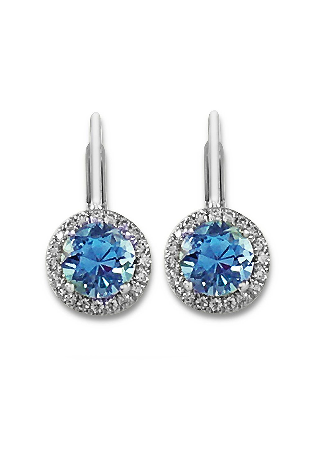 18K white gold aquamarine earrings with a halo of diamonds and  lever backs on a white background