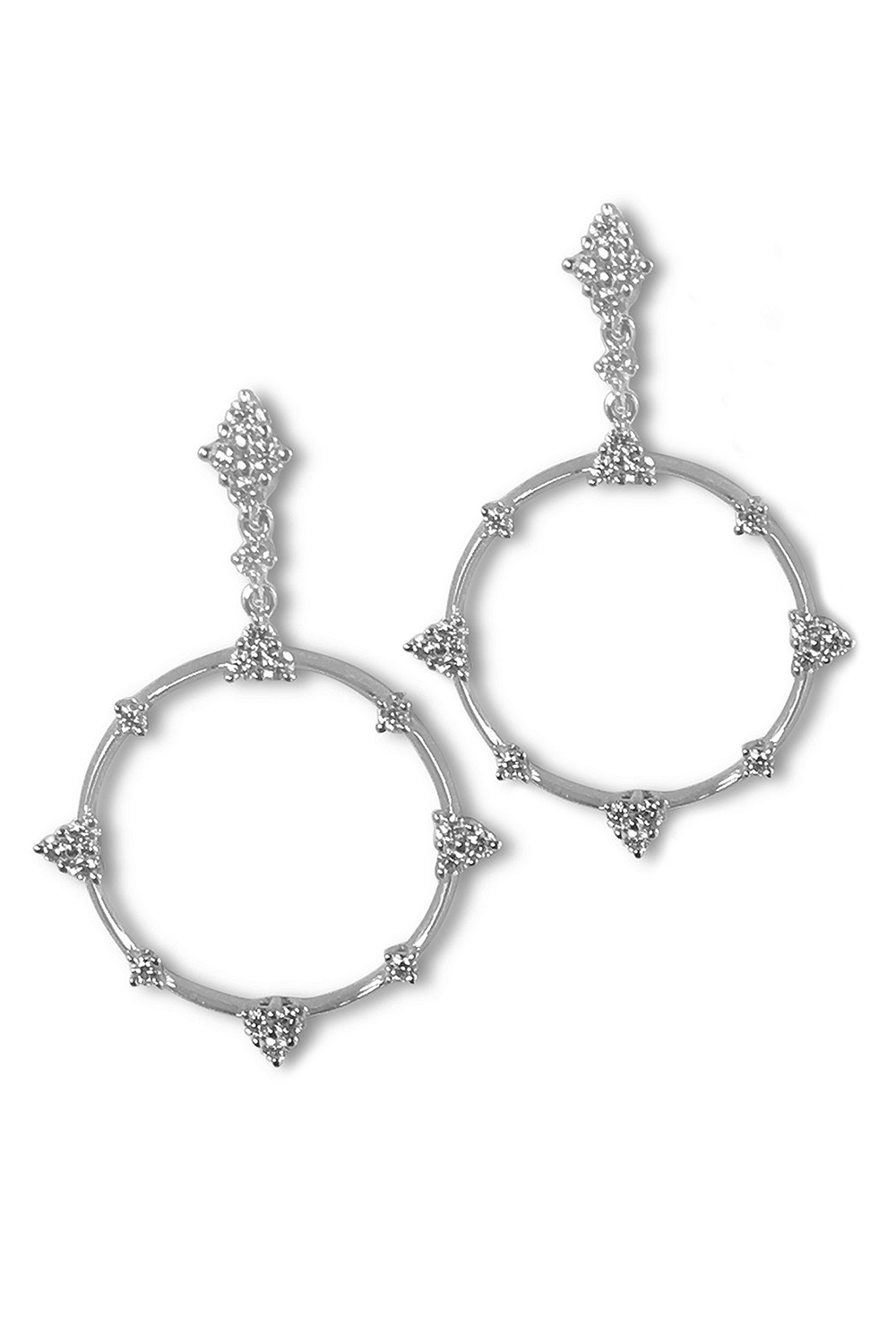 18K white gold earrings featuring multiple small diamonds around the circumference. on white backround