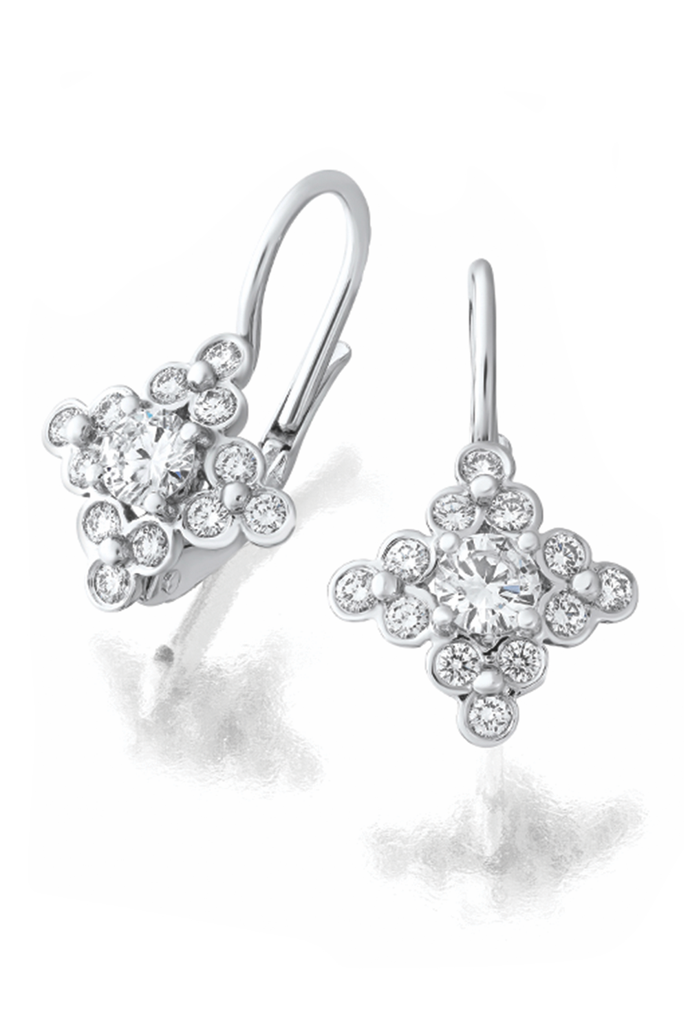 18K white gold earrings with lace motif and diamonds on a white background