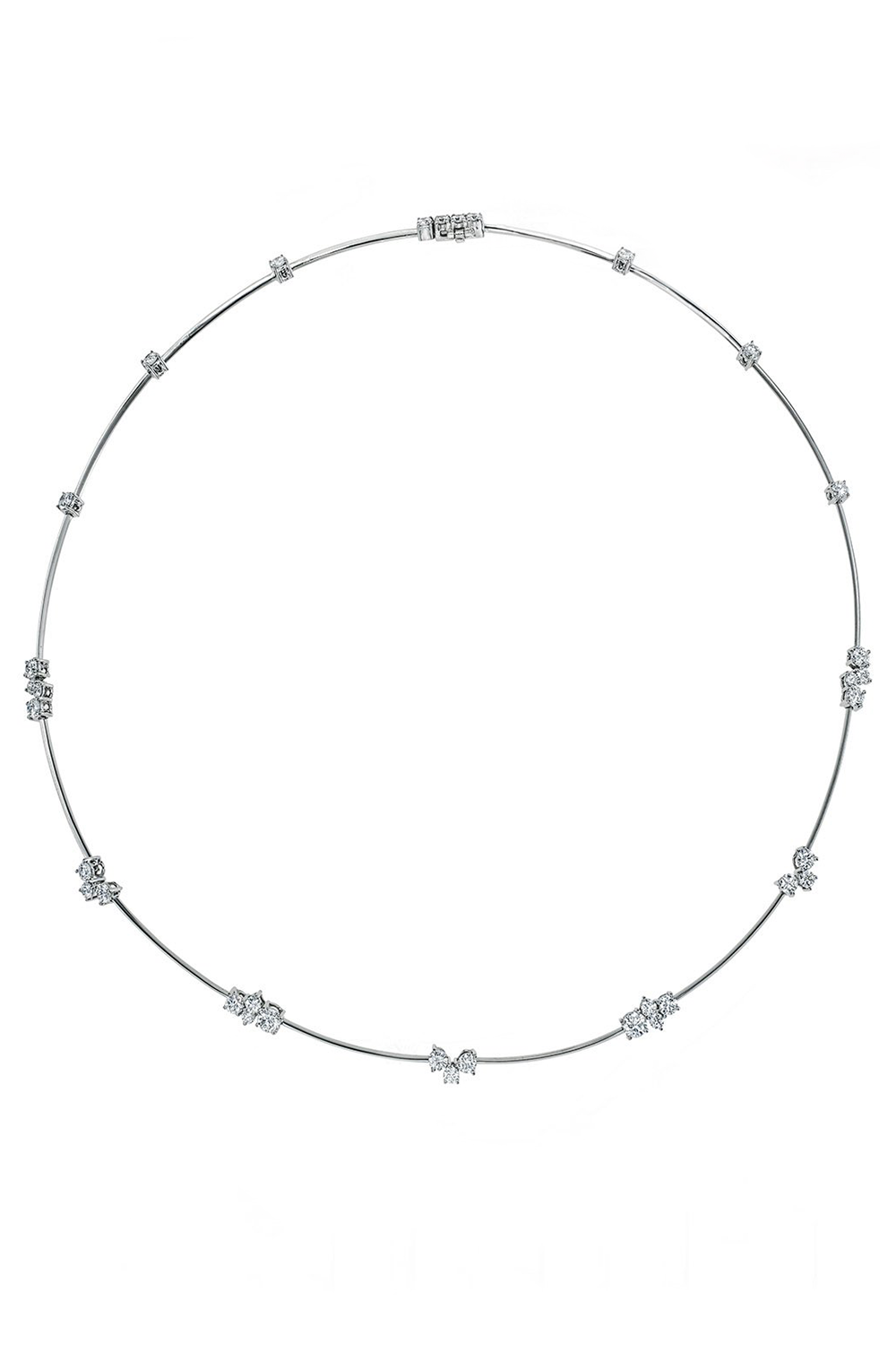 Platinum necklace with diamond clusters on platinum wire with a floating effect on a white background