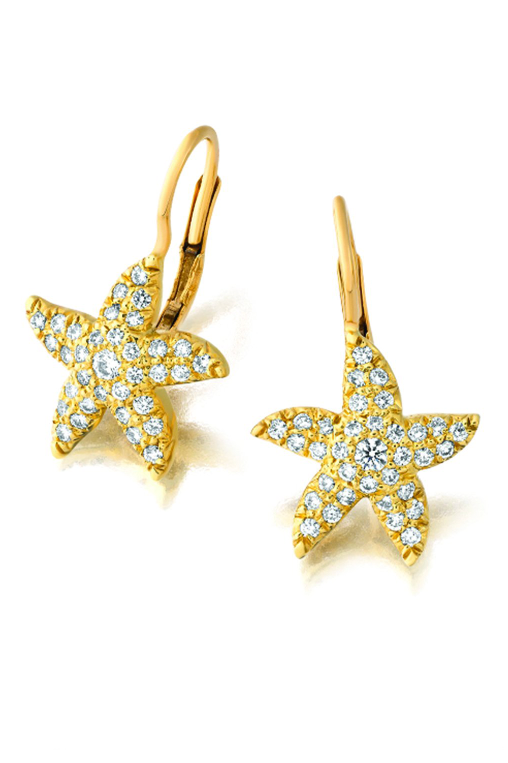 18K yellow gold starfish earrings with diamonds on white background