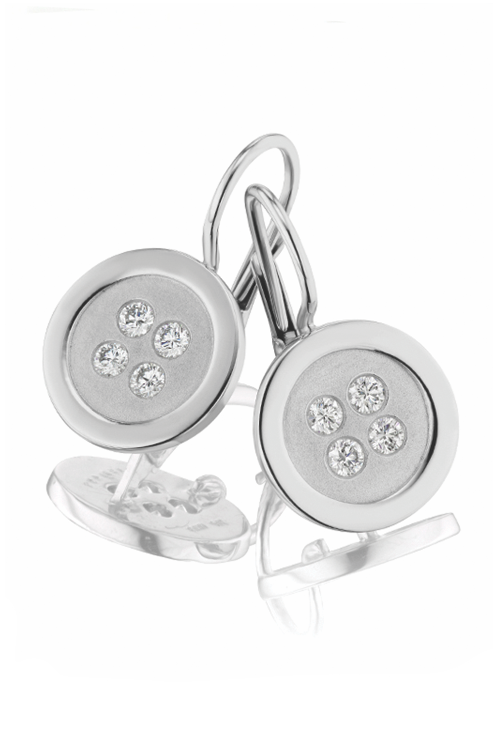 18K white gold button earrings with diamond accents on a white background