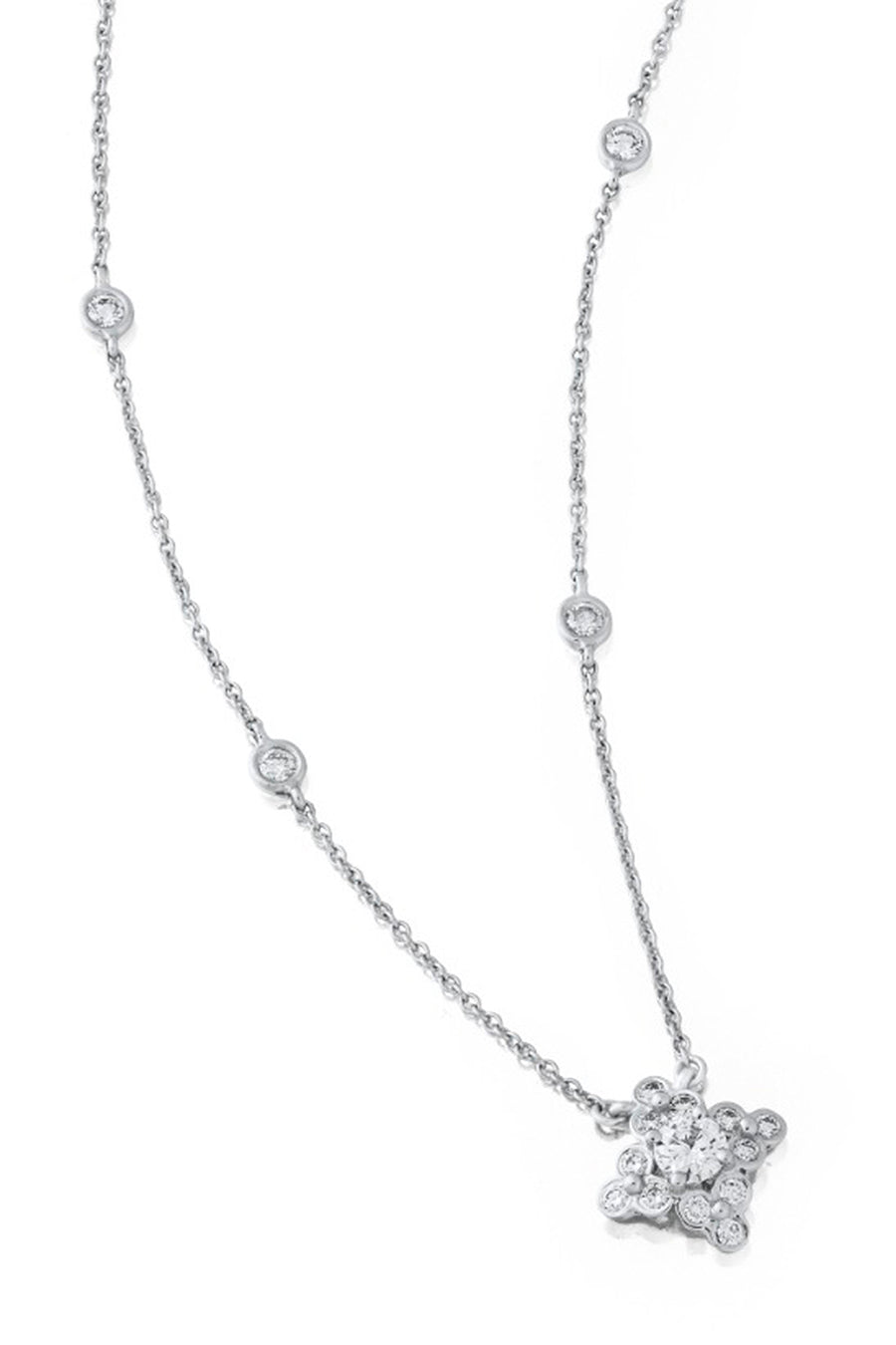 Platinum pendant with a lace design and diamonds on a white background