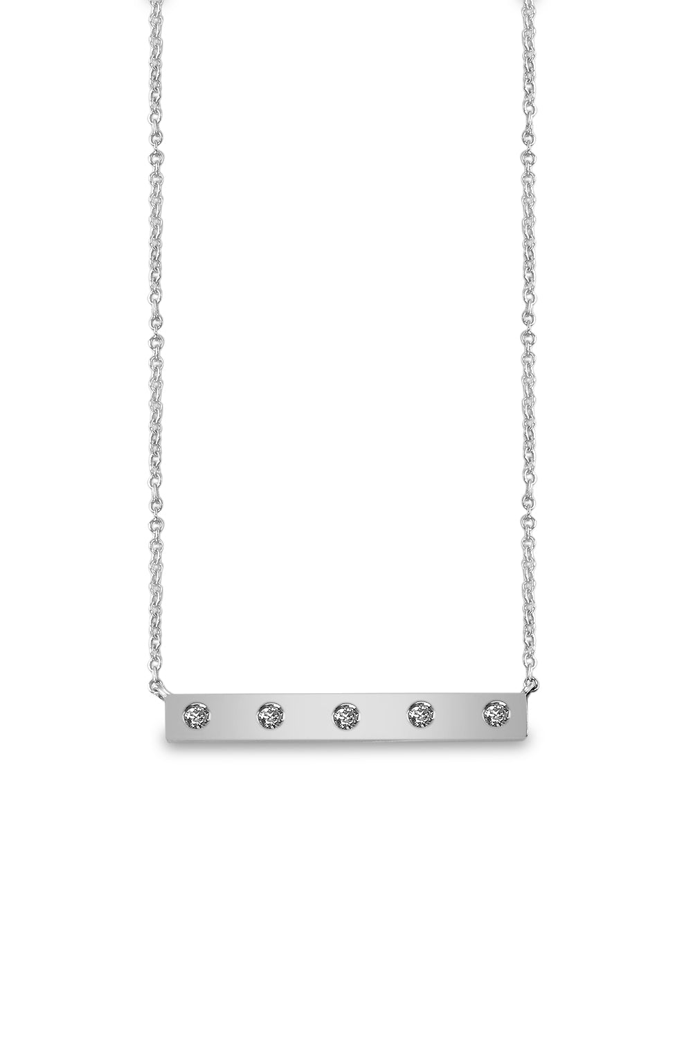 An 18K white gold bar necklace with diamonds on a white background.