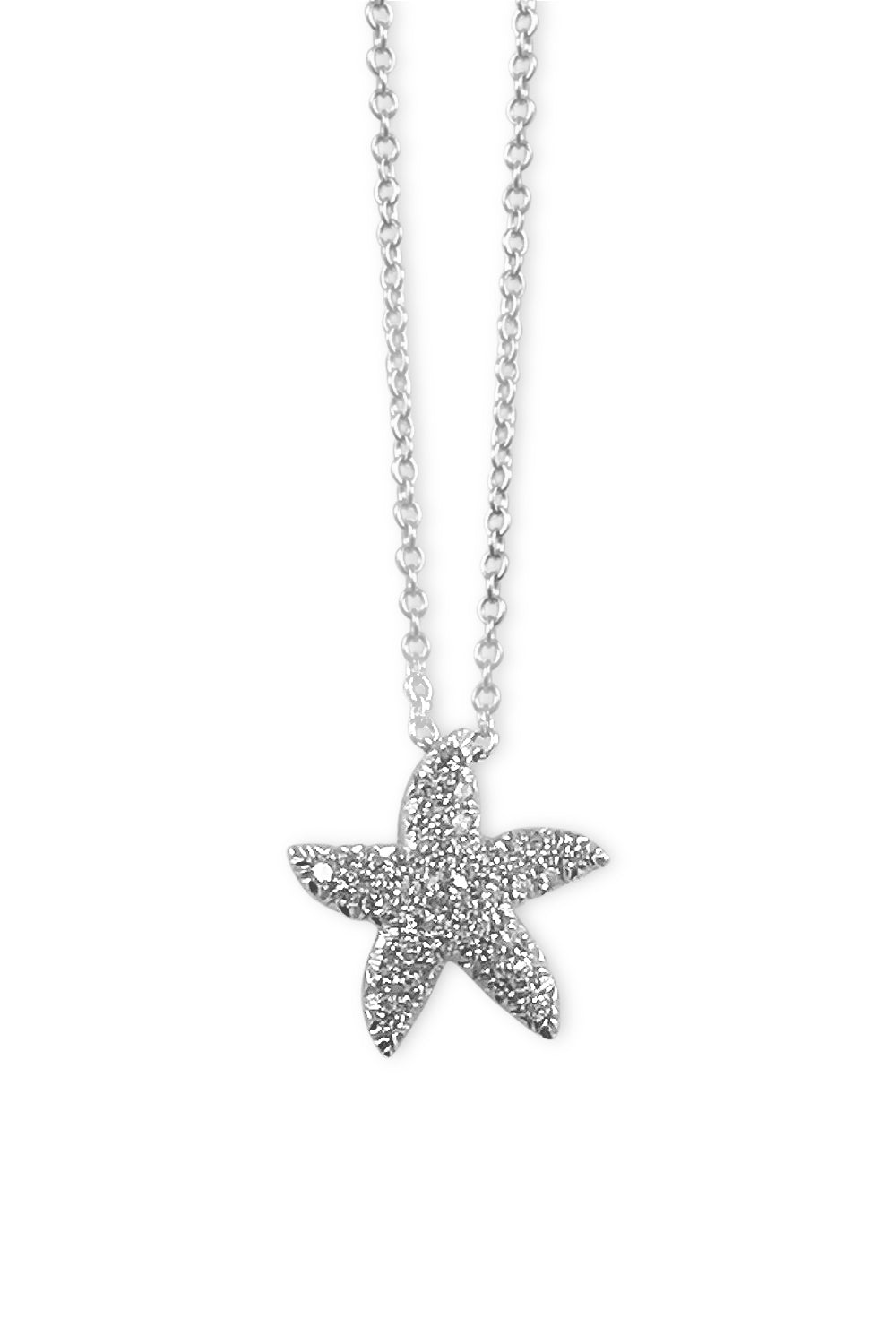 An 18K white gold starfish necklace with pave diamonds on a white background.