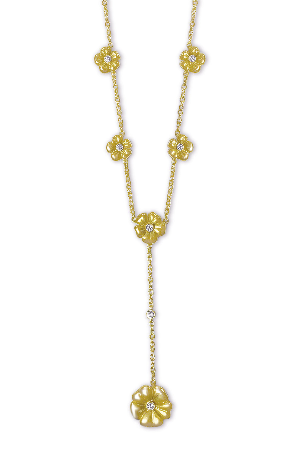 18K yellow gold lariat necklace with flowers, each with a single diamond, on a white background