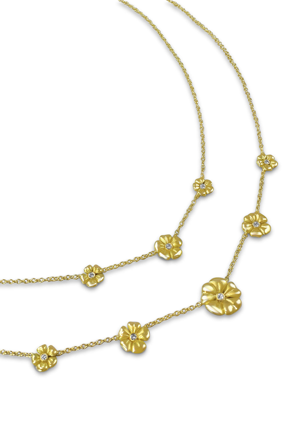Two 18K yellow gold necklaces--one with 3 flowers with a diamond each and one with 5 flowers with a diamond each--on a white background