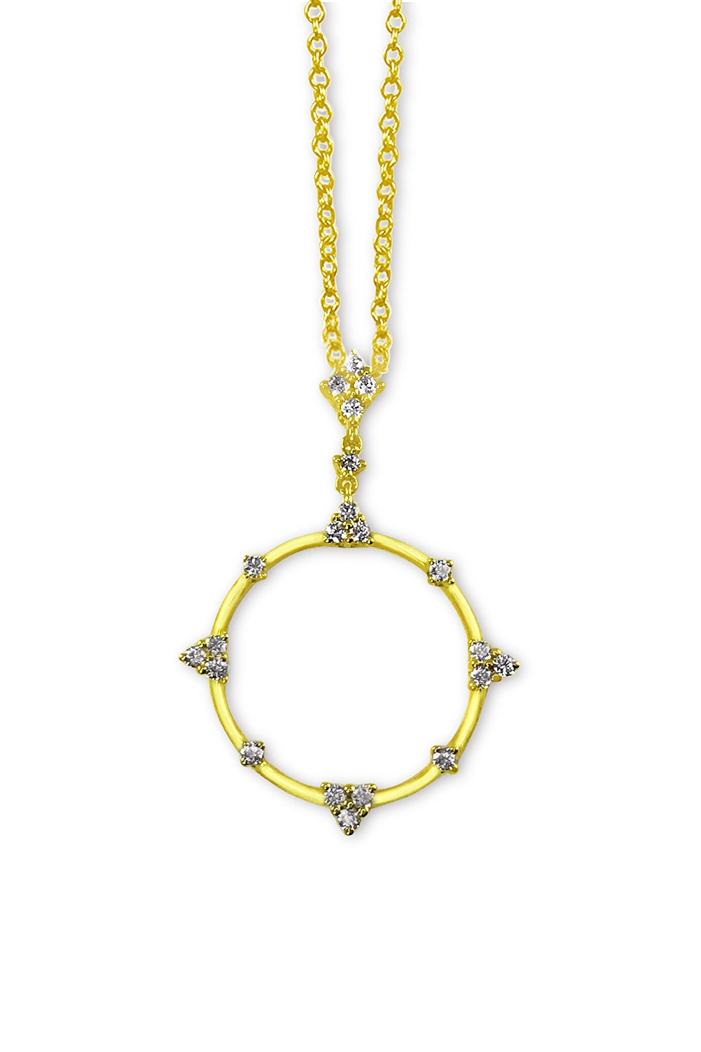 18K yellow gold pendant with a circular design and diamonds on a white background