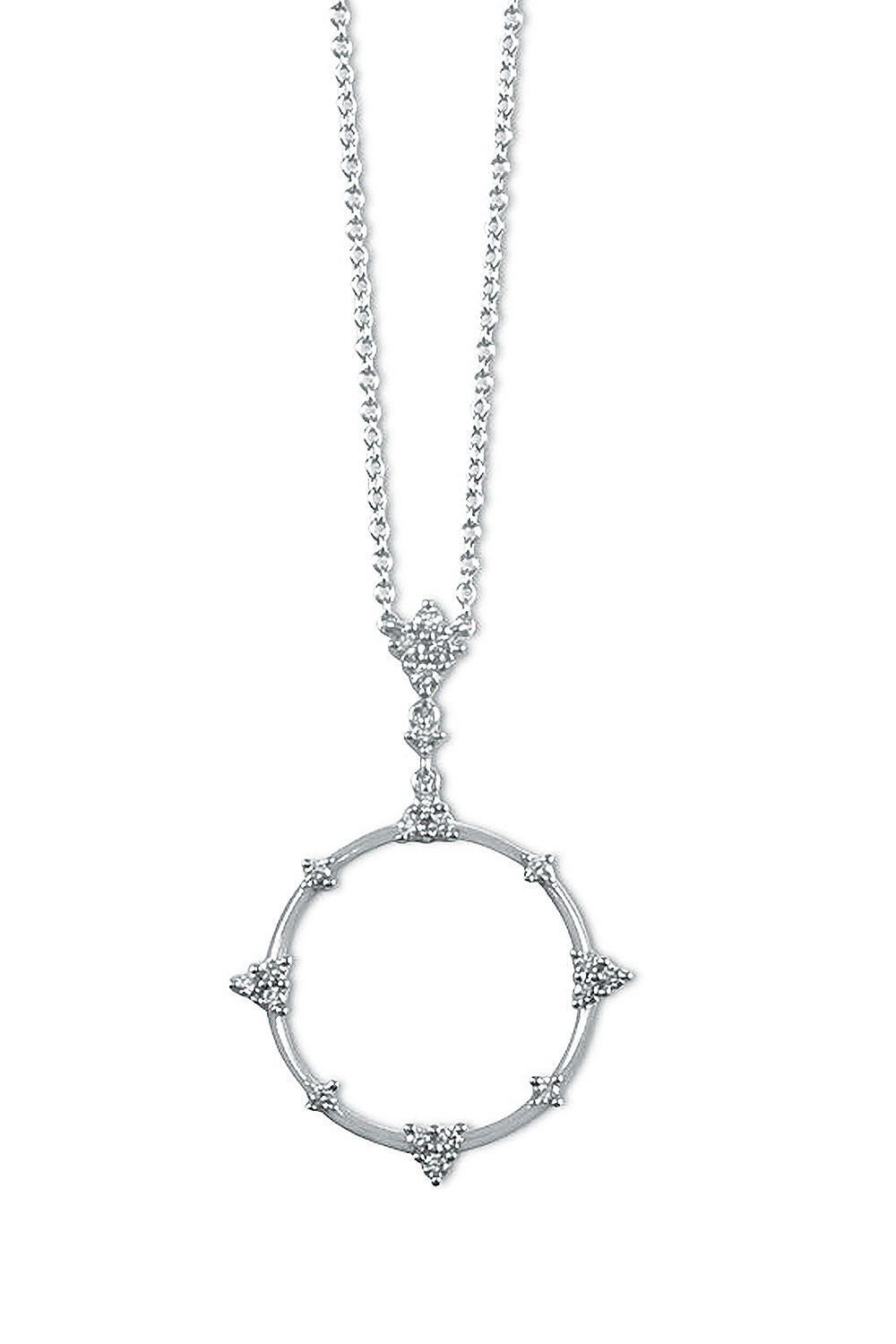 18K white gold pendant with a circular design and diamonds on a white background
