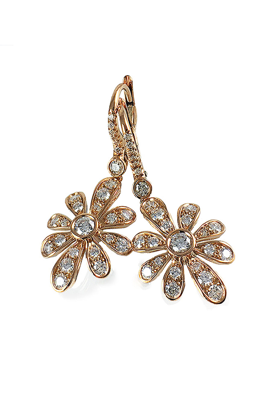 20K pink gold flower earrings with diamonds with lever-back closures on a white background
