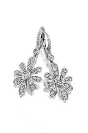 18K white gold flower earrings with diamonds with lever-back closures on a white background