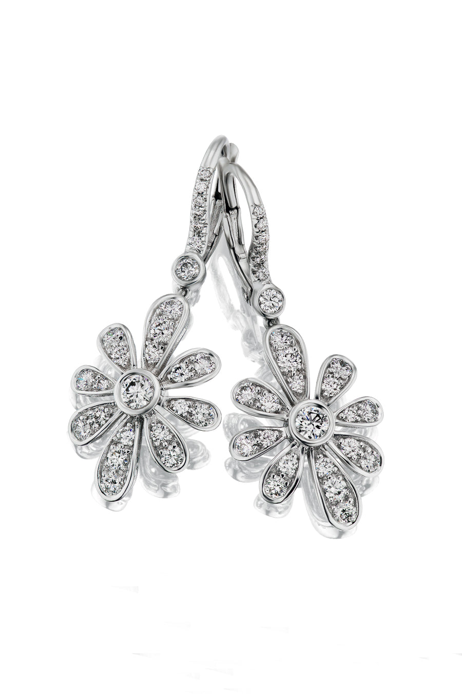 18K white gold flower earrings with diamonds with lever-back closures on a white background