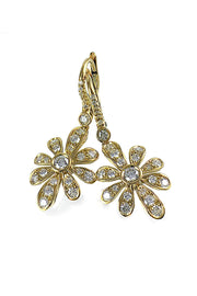 18K yellow gold flower earrings with diamonds with lever-back closures on a white background