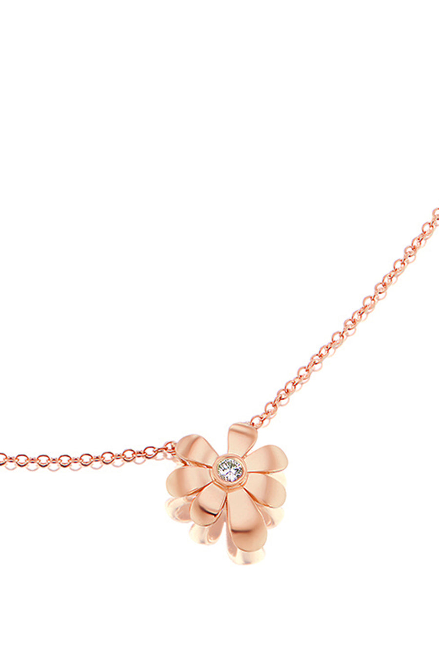 20K pink gold flower necklace with a floral design and one  brilliant diamond on a white background