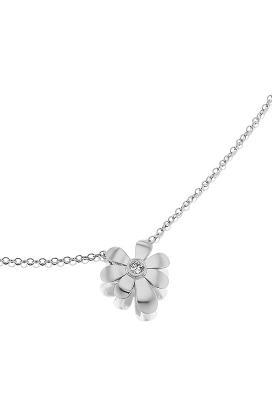 18K white gold flower necklace with a floral design and one  brilliant diamond on a white background