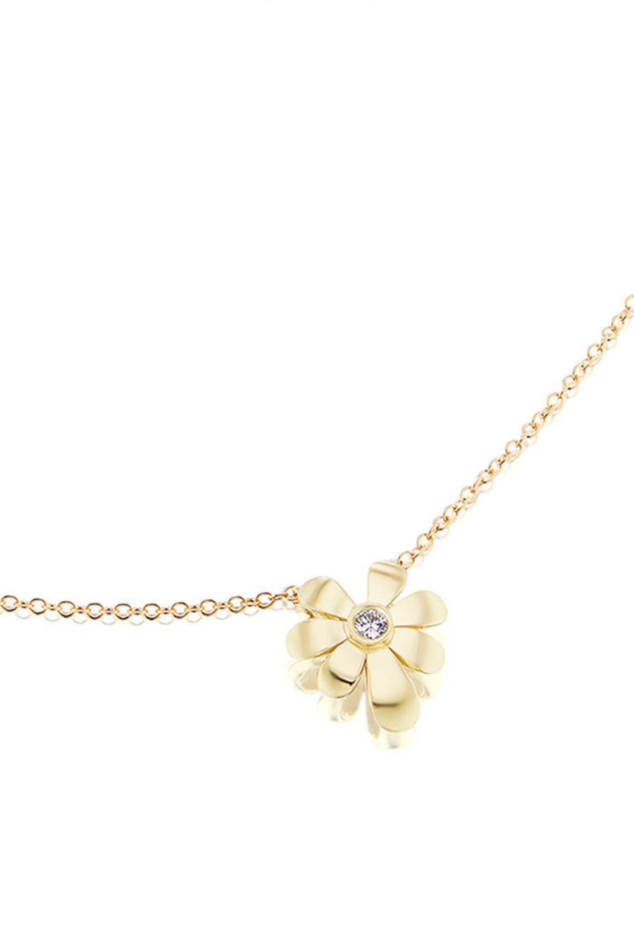 18K yellow gold flower necklace with a floral design and one  brilliant diamond on a white background