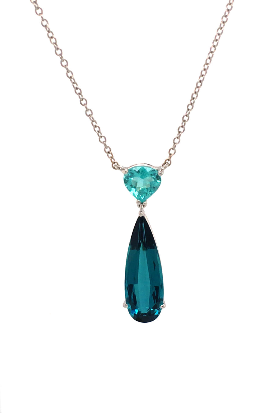 Necklace with indicolite and paraiba tourmaline with diamonds on white background