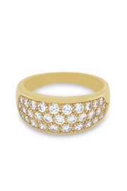 18K yellow gold ring with diamond pave on a white background.