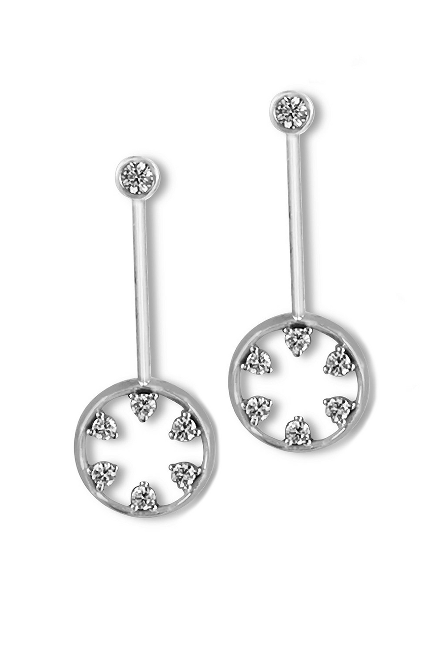 18K white gold drop earrings featuring a circle design with diamonds on a white background