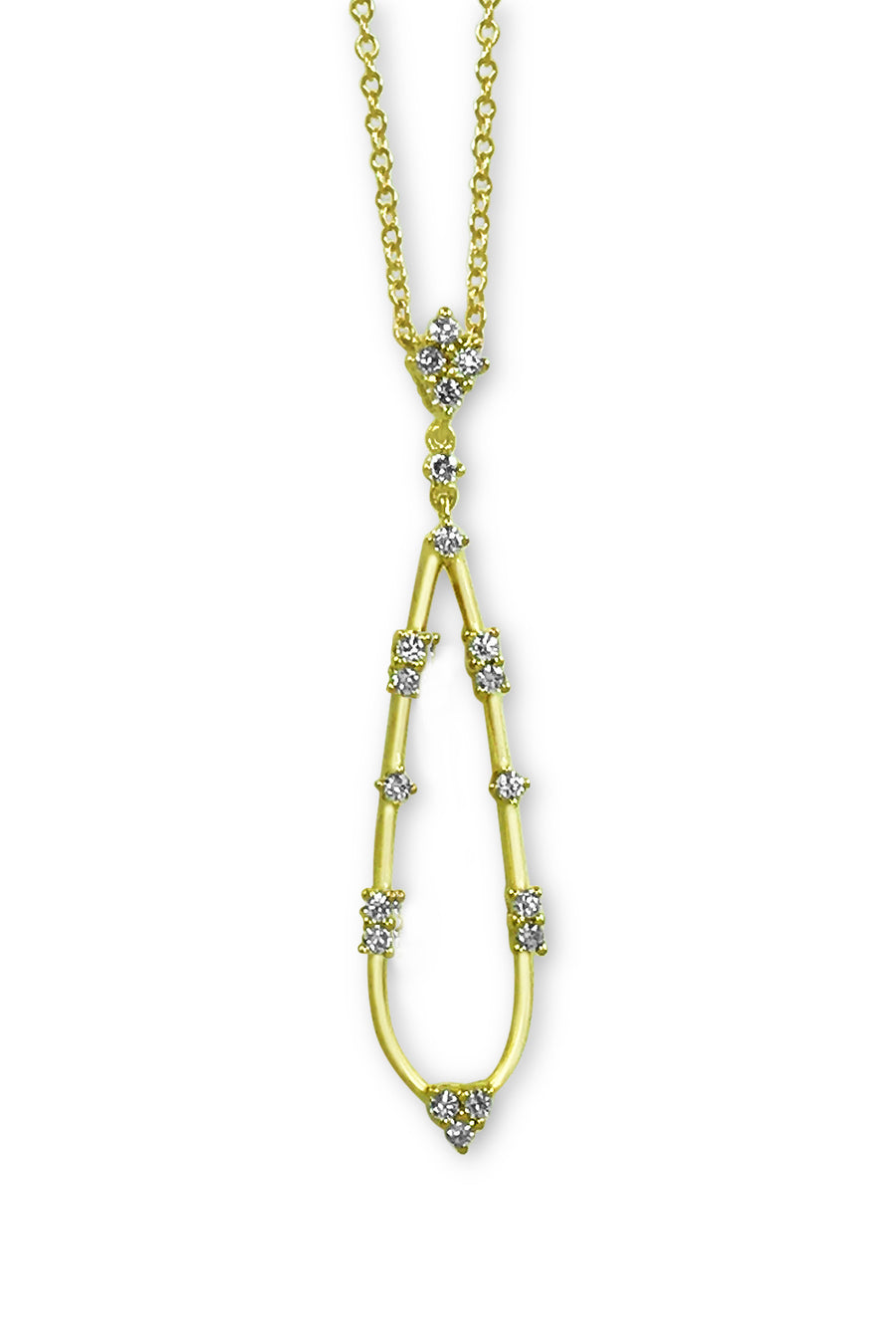 18K yellow gold necklace in a teardrop design with diamonds on a white background