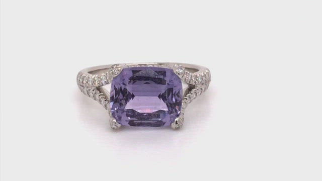 Video of rotating 18K white gold ring with lavender sapphire and diamonds on white background